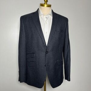 Tallia Blazer Mens 42R Grey Blue Micro Check 100% Wool Two Button Sport Coat